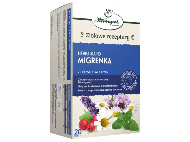 Zdjęcie przedstawia środek spożywczy Herbapol Kraków Herbatka fix Migrenka, zioła do zaparzania.
