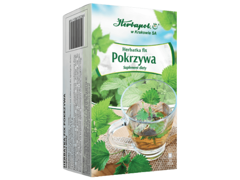Zdjęcie przedstawia suplement diety Herbapol Kraków Herbatka fix Pokrzywa, zioła do zaparzania.