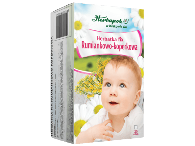Zdjęcie przedstawia środek spożywczy Herbapol Kraków Herbatka fix Rumiankowo-koperkowa, zioła do zaparzania.