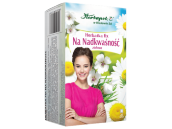 Zdjęcie przedstawia środek spożywczy Herbapol Kraków Herbatka fix na nadkwaśność, zioła do zaparzania.