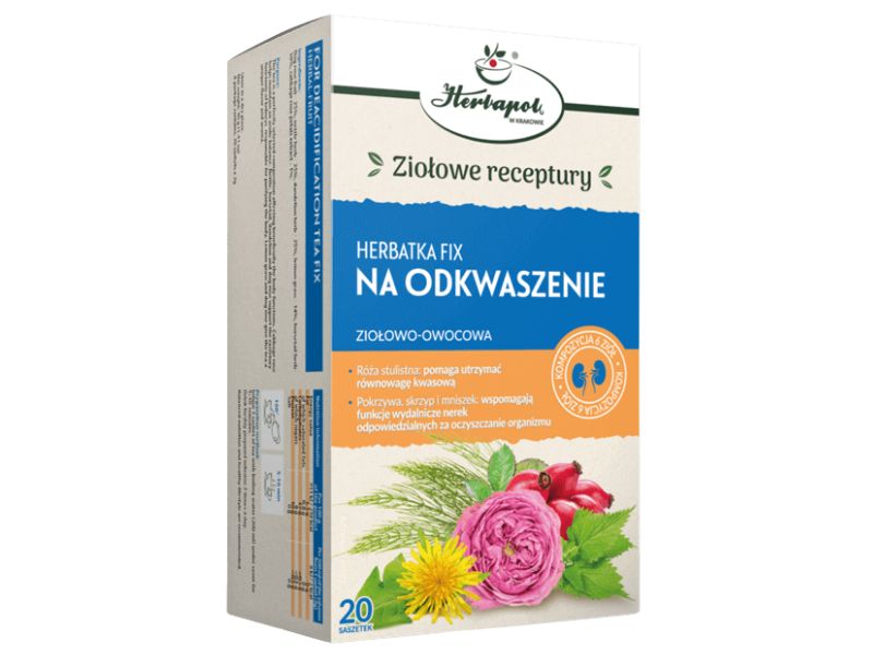 Zdjęcie przedstawia środek spożywczy Herbapol Kraków Herbatka fix na odkwaszenie, zioła do zaparzania.
