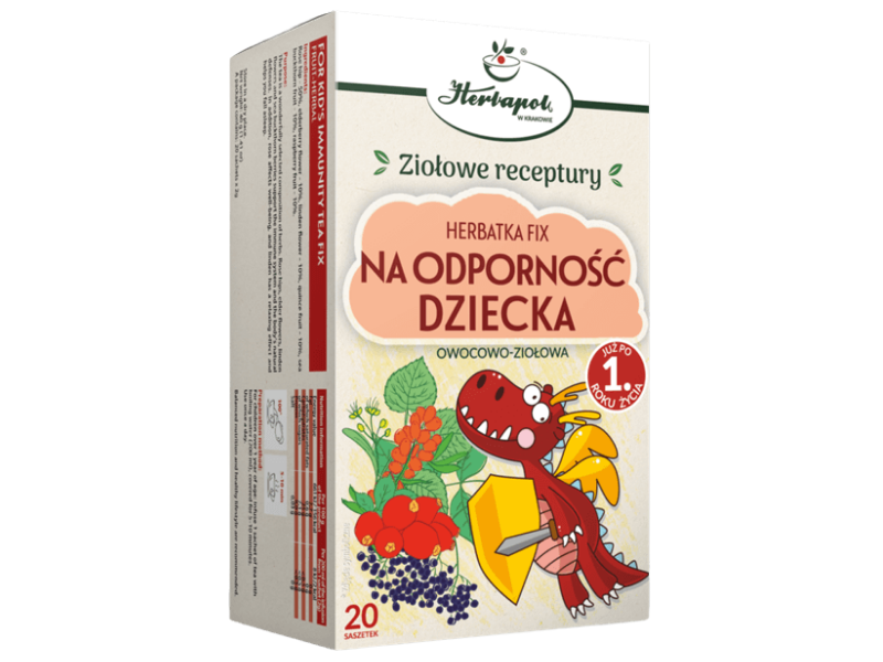 Zdjęcie przedstawia środek spożywczy Herbapol Kraków Herbatka fix na odporność dziecka, zioła do zaparzania.