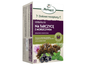 Zdjęcie przedstawia środek spożywczy Herbapol Kraków Herbatka fix na tarczycę z morszczynem, zioła do zaparzania.