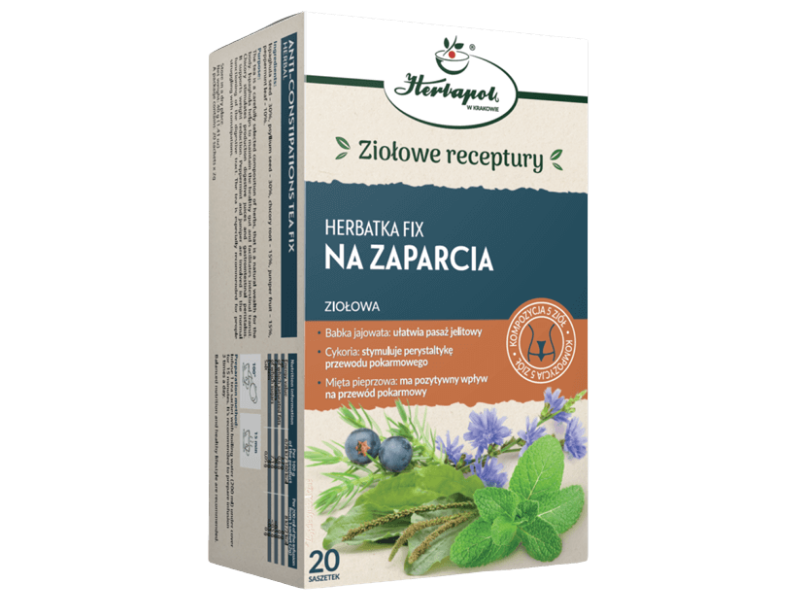 Zdjęcie przedstawia środek spożywczy Herbapol Kraków Herbatka fix na zaparcia, zioła do zaparzania.