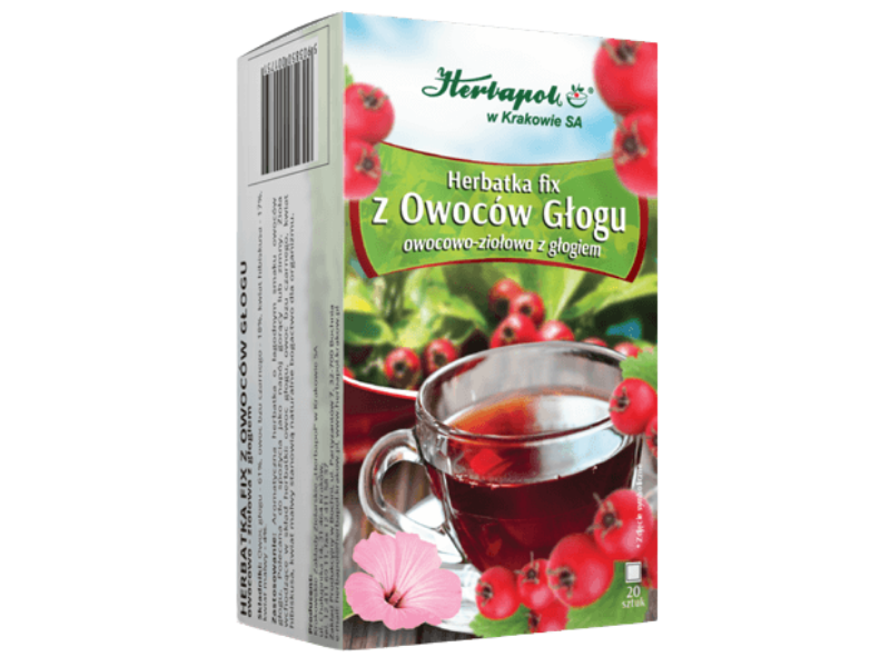 Zdjęcie przedstawia środek spożywczy Herbapol Kraków Herbatka fix z owoców głogu, zioła do zaparzania.