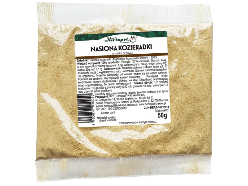 Zdjęcie przedstawia środek spożywczy Herbapol Kraków Nasiona kozieradki, zioła do zaparzania.