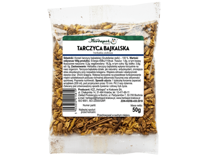 Zdjęcie przedstawia środek spożywczy Herbapol Kraków Tarczyca bajkalska, zioła do zaparzania.