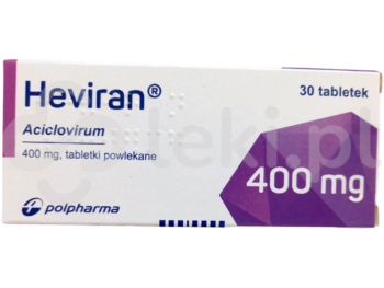 Zdjęcie przedstawia lek dostępy na receptę Heviran, tabletki powlekane, 400 mg.