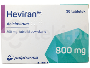 Zdjęcie przedstawia lek dostępy na receptę Heviran, tabletki powlekane, 800 mg.