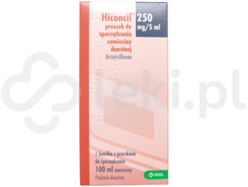 Zdjęcie przedstawia lek dostępy na receptę Hiconcil, proszek do sporządzania zawiesiny doustnej, 250 mg/5 ml.