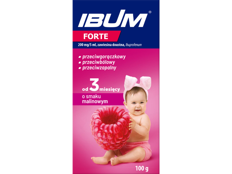 Zdjęcie przedstawia lek dostępny bez recepty Ibum Forte o smaku malinowym, zawiesina doustna, 200 mg:5 ml.