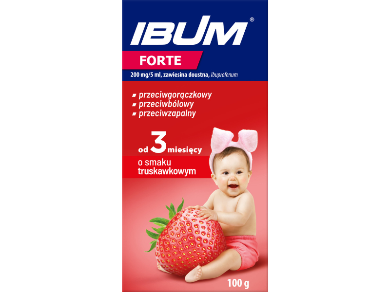 Zdjęcie przedstawia lek dostępny bez recepty Ibum Forte o smaku truskawkowym, zawiesina doustna, 200 mg:5 ml.