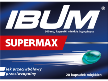 Zdjęcie przedstawia lek dostępny bez recepty Ibum Supermax, kapsułki miękkie, 600 mg.
