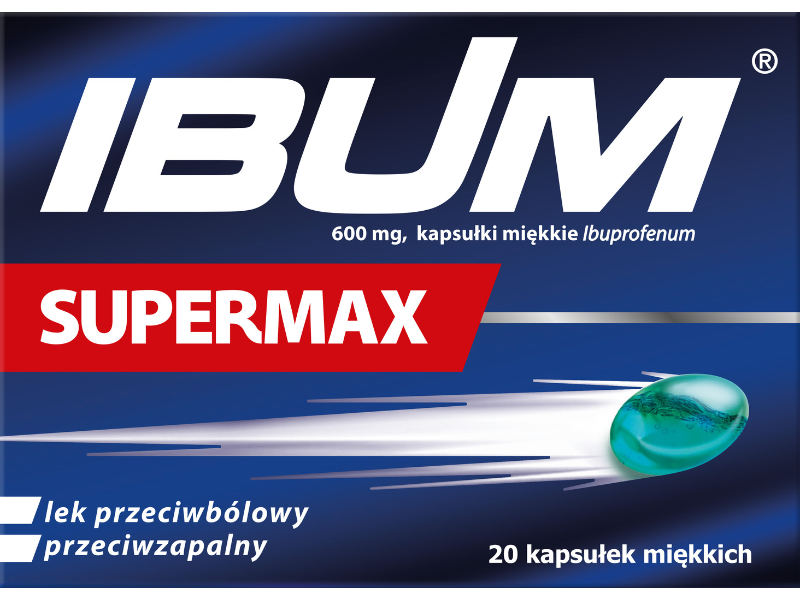 Zdjęcie przedstawia lek dostępny bez recepty Ibum Supermax, kapsułki miękkie, 600 mg.