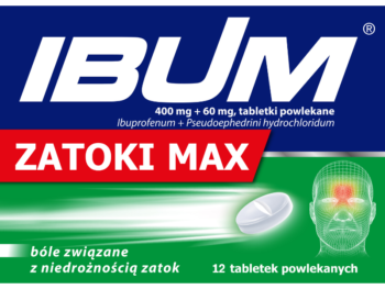 Zdjęcie przedstawia lek dostępny bez recepty Ibum Zatoki Max, tabletki powlekane, 400 mg + 60 mg.