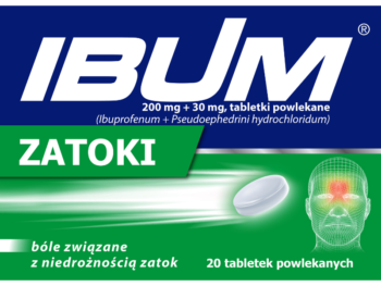 Zdjęcie przedstawia lek dostępny bez recepty Ibum Zatoki, tabletki powlekane, 200 mg + 30 mg.