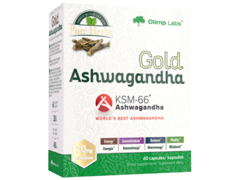 Zdjęcie przedstawia suplement diety Olimp Gold Ashwagandha, kapsułki, 200 mg.