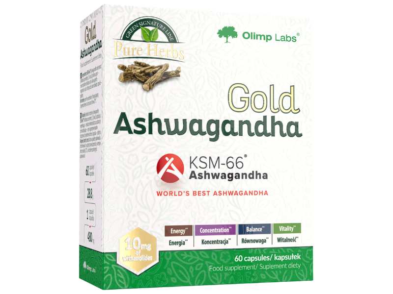 Zdjęcie przedstawia suplement diety Olimp Gold Ashwagandha, kapsułki, 200 mg.