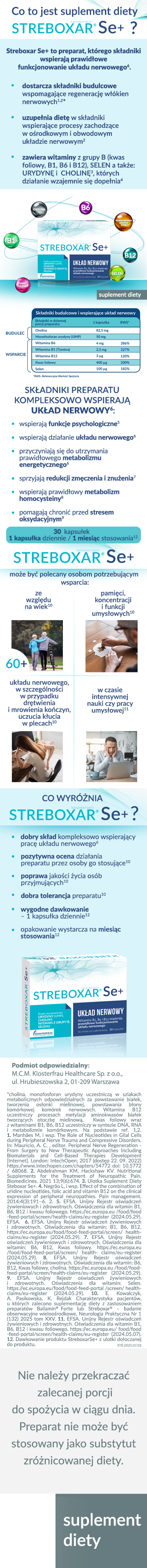 Zdjęcie przedstawia rich content suplementu diety Streboxar Se+ w kapsułkach na urządzenia mobilne.