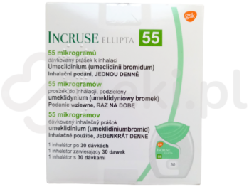 Zdjęcie przedstawia lek dostępny na receptę Incruse Ellipta, proszek do inhalacji, 55 μg.
