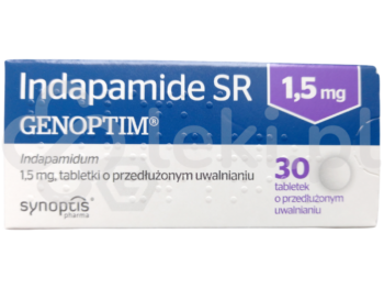 Zdjęcie przedstawia lek dostępny na receptę Indapamide SR Genoptim, tabletki o przedłużonym uwalnianiu, 1,5 mg.