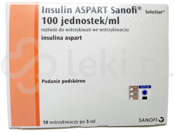 Zdjęcie przedstawia lek dostępny na receptę Insulin aspart Sanofi, roztwór do wstrzykiwań, 100 j./ml.