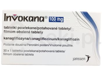 Zdjęcie przedstawia lek dostępny na receptę Invokana, tabletki powlekane, 100 mg.