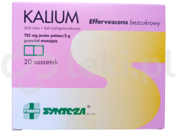 Zdjęcie przedstawia lek dostępny na receptę Kalium Effervescens bezcukrowy, granulat musujący, 782 mg jonów potasu/3 g.