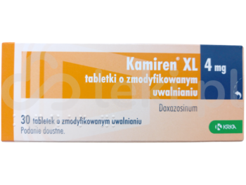Zdjęcie przedstawia lek dostępny na receptę Kamiren XL, tabletki o zmodyfikowanym uwalnianiu, 4 mg.