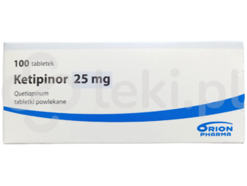 Zdjęcie przedstawia lek dostępny na receptę Ketipinor, tabletki powlekane, 25 mg.