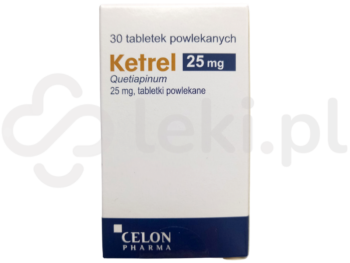 Zdjęcie przedstawia lek dostępny na receptę Ketrel, tabletki powlekane, 25 mg.