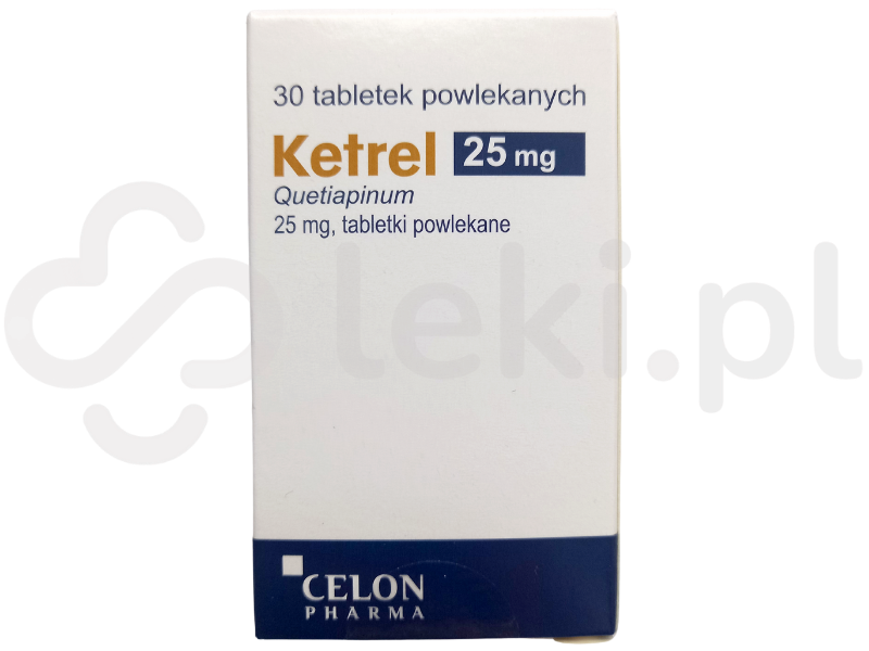 Zdjęcie przedstawia lek dostępny na receptę Ketrel, tabletki powlekane, 25 mg.