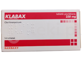 Zdjęcie przedstawia lek dostępny na receptę Klabax, tabletki powlekane, 250 mg.