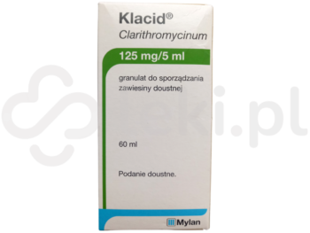Zdjęcie przedstawia lek dostępny na receptę Klacid, granulat do sporządzania zawiesiny doustnej, 125 mg/5 ml.