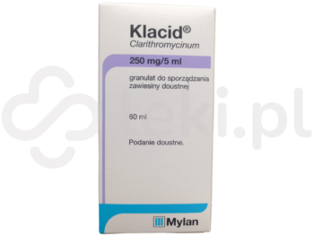 Zdjęcie przedstawia lek dostępny na receptę Klacid, granulat do sporządzania zawiesiny doustnej, 250 mg/5 ml.