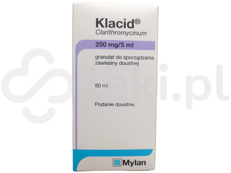 Zdjęcie przedstawia lek dostępny na receptę Klacid, granulat do sporządzania zawiesiny doustnej, 250 mg/5 ml.