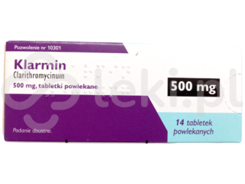 Zdjęcie przedstawia lek dostępny na receptę Klarmin, tabletki powlekane, 500 mg.