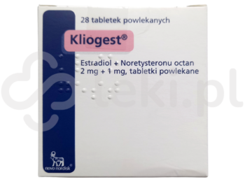 Zdjęcie przedstawia lek dostępny na receptę Kliogest, tabletki powlekane, 2 mg + 1 mg.