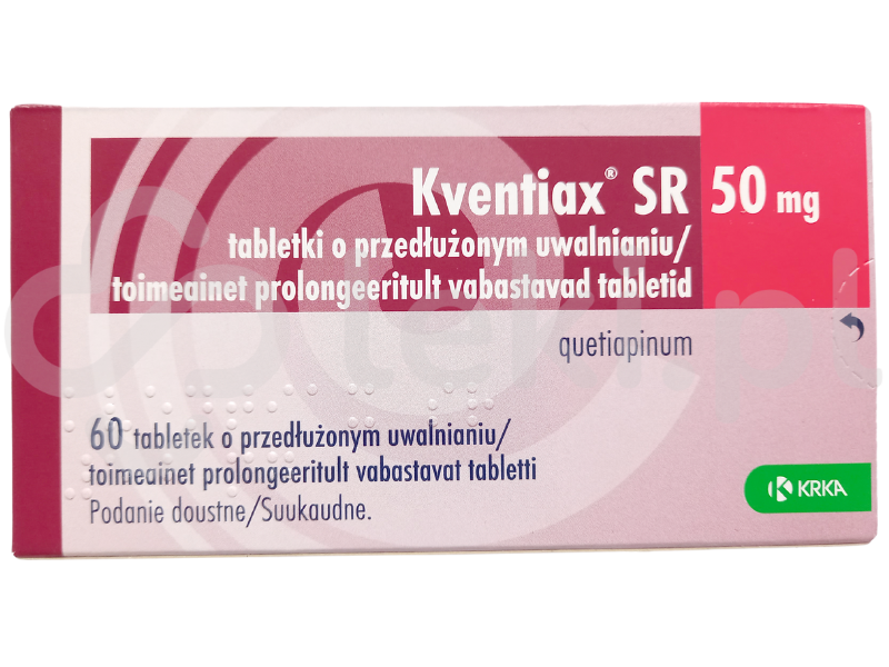 Zdjęcie przedstawia lek dostępny na receptę Kventiax SR, tabletki o przedłużonym uwalnianiu, 50 mg.