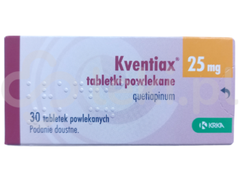 Zdjęcie przedstawia lek dostępny na receptę Kventiax, tabletki powlekane, 25 mg.