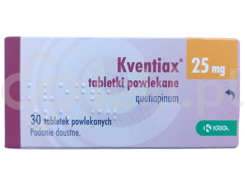 Zdjęcie przedstawia lek dostępny na receptę Kventiax, tabletki powlekane, 25 mg.