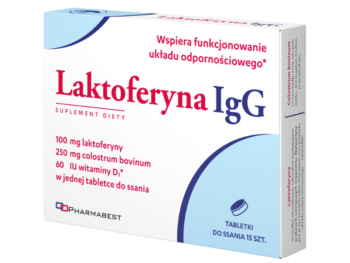 Zdjęcie przedstawia suplement diety Laktoferyna IgG Pharmabest, tabletki do ssania.