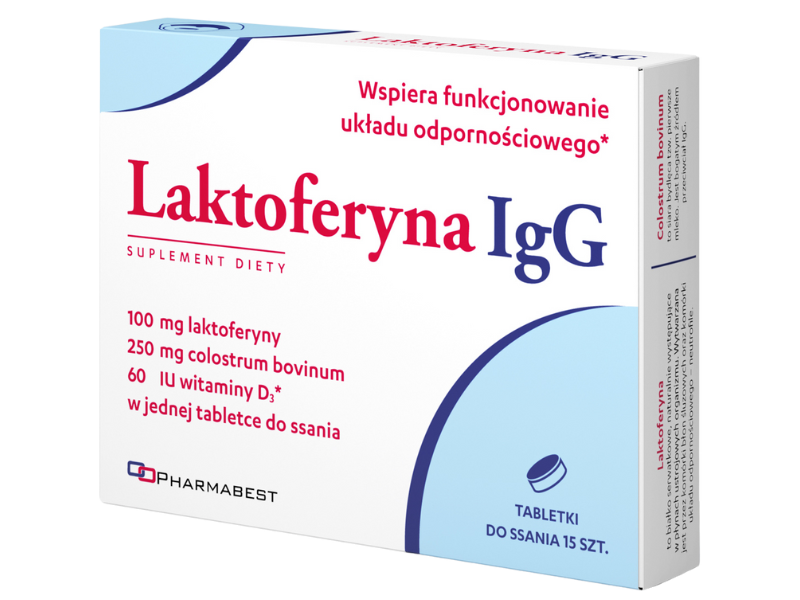Zdjęcie przedstawia suplement diety Laktoferyna IgG Pharmabest, tabletki do ssania.