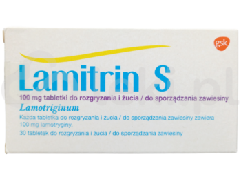 Zdjęcie przedstawia lek dostępny na receptę Lamitrin S, tabletki do sporządzania zawiesiny/do rozgryzania i żucia, 100 mg.