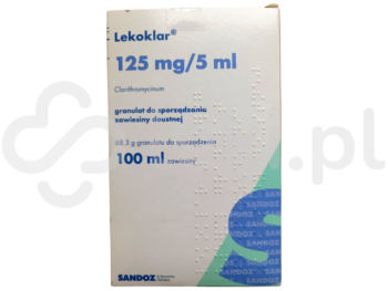 Zdjęcie przedstawia lek dostępny na receptę Lekoklar, granulat do sporządzania zawiesiny doustnej, 125 mg/5 ml.