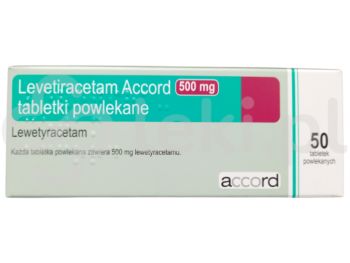 Zdjęcie przedstawia lek dostępny na receptę Levetiracetam Accord, tabletki powlekane, 500 mg.