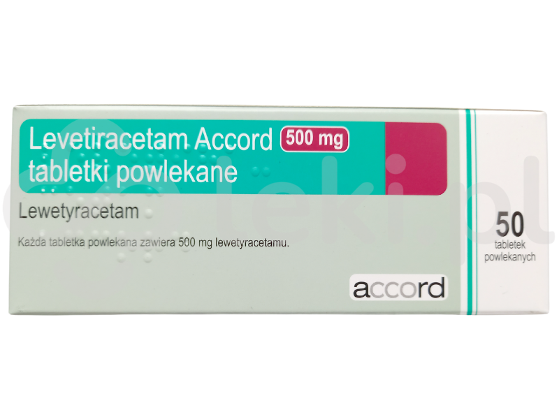 Zdjęcie przedstawia lek dostępny na receptę Levetiracetam Accord, tabletki powlekane, 500 mg.