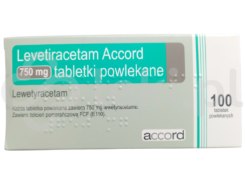 Zdjęcie przedstawia lek dostępny na receptę Levetiracetam Accord, tabletki powlekane, 750 mg.