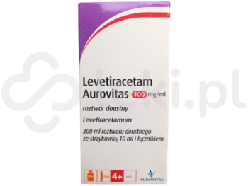 Zdjęcie przedstawia lek dostępny na receptę Levetiracetam Aurovitas, roztwór doustny, 100 mg/ml.