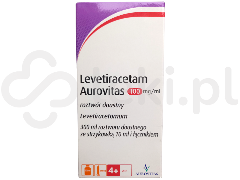 Zdjęcie przedstawia lek dostępny na receptę Levetiracetam Aurovitas, roztwór doustny, 100 mg/ml.